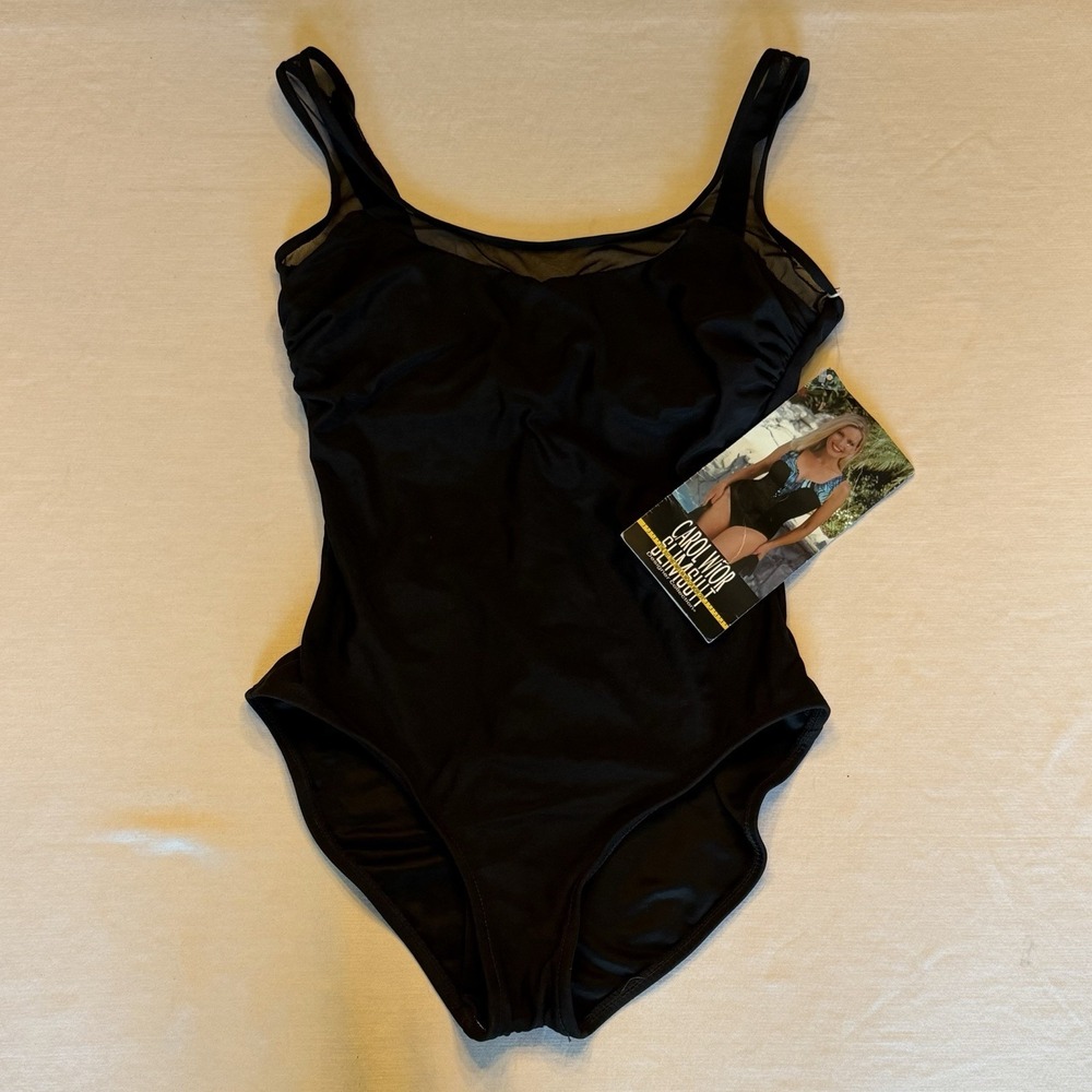 NWT Carol Wior Swimsuit Black Womens 14 One Piece Illusion Neckline